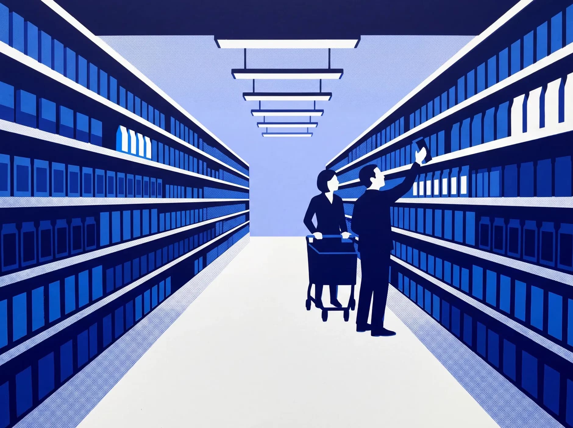 A supermarket aisle drawn in blues: both walls stocked to the shelf lip, a couple with a trolley reading the label on a bottle.