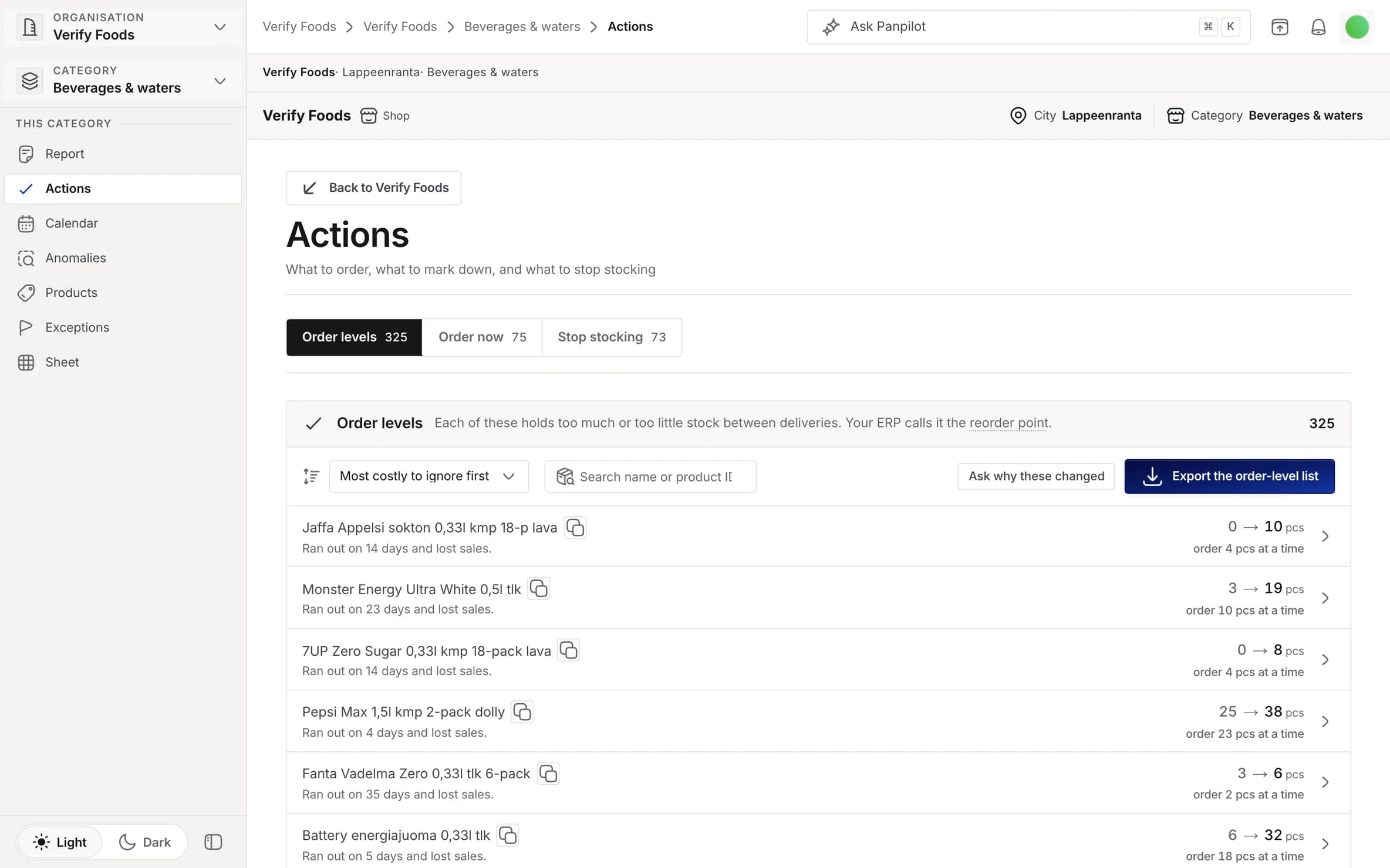 The Actions page: the three lists across the top, and the order levels list open - each product with the level it should trigger an order at and how many to order at a time.