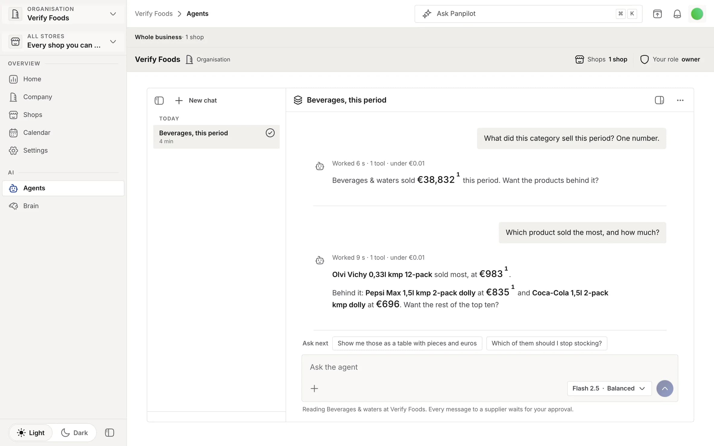 The agents room: Panpilot answering what this category sold this period and which product sold most, naming the products and the euros, with the next questions offered under the answer.