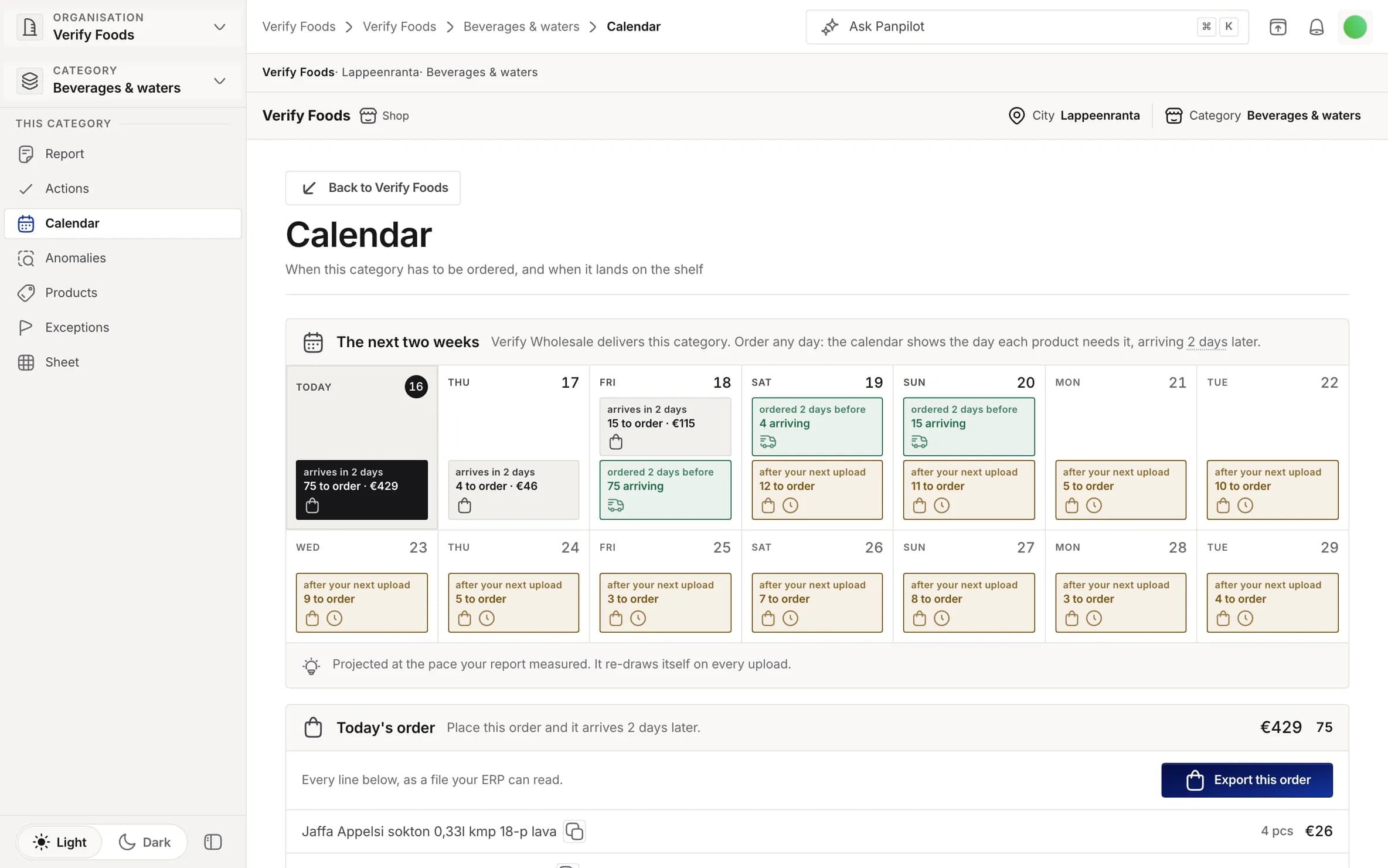 The Calendar: the next two weeks with the day each product needs ordering and the day it lands, and today's order priced and ready to export.