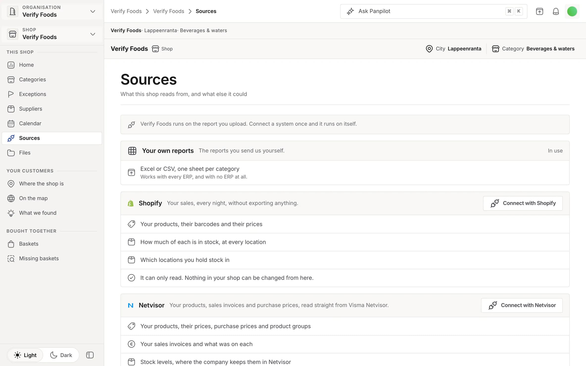 The Sources page: the reports this shop uploads itself, in use, with a Shopify connection and a Visma Netvisor one waiting to be made and every line they would read listed under each.