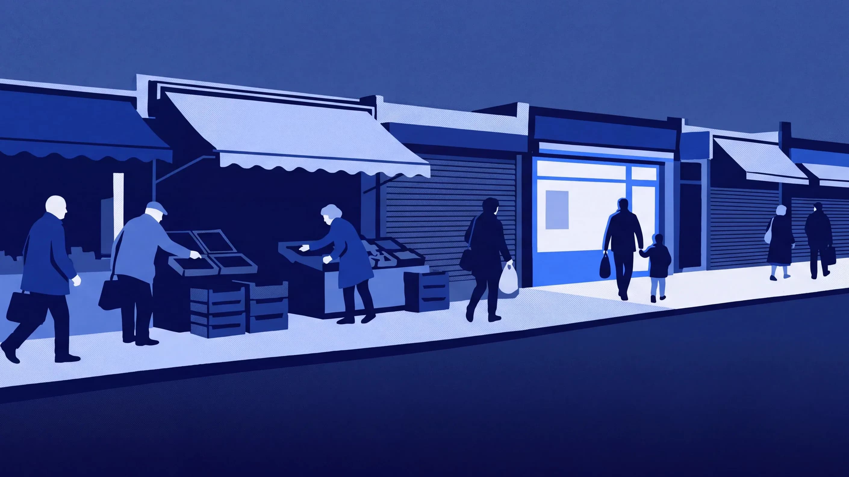 A parade of neighbourhood shops at dusk: crates of fruit out on the pavement, one shopfront still lit, people walking home with their shopping.