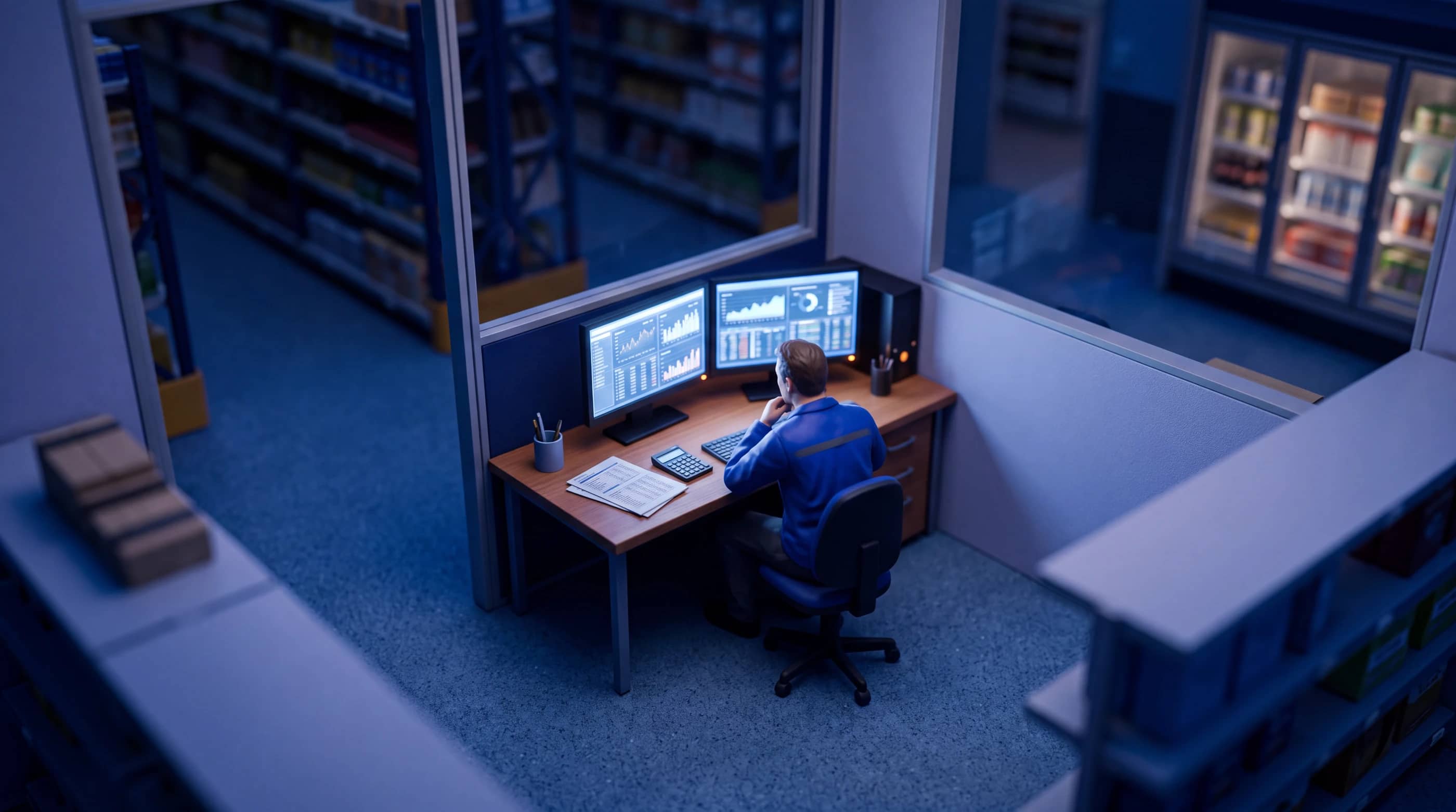 A back office off the shop floor, two screens of charts and figures glowing in the dark, someone sitting and reading them.