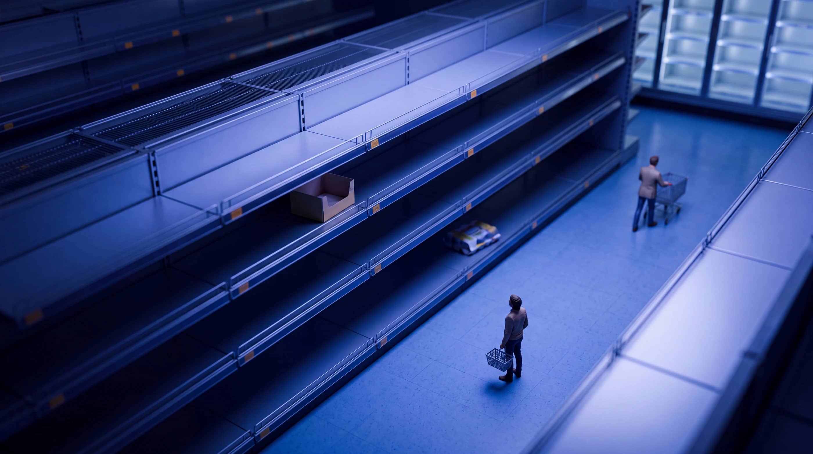 A long run of bare shelving with one pack stranded on it, a shopper standing in front of it with an empty basket.