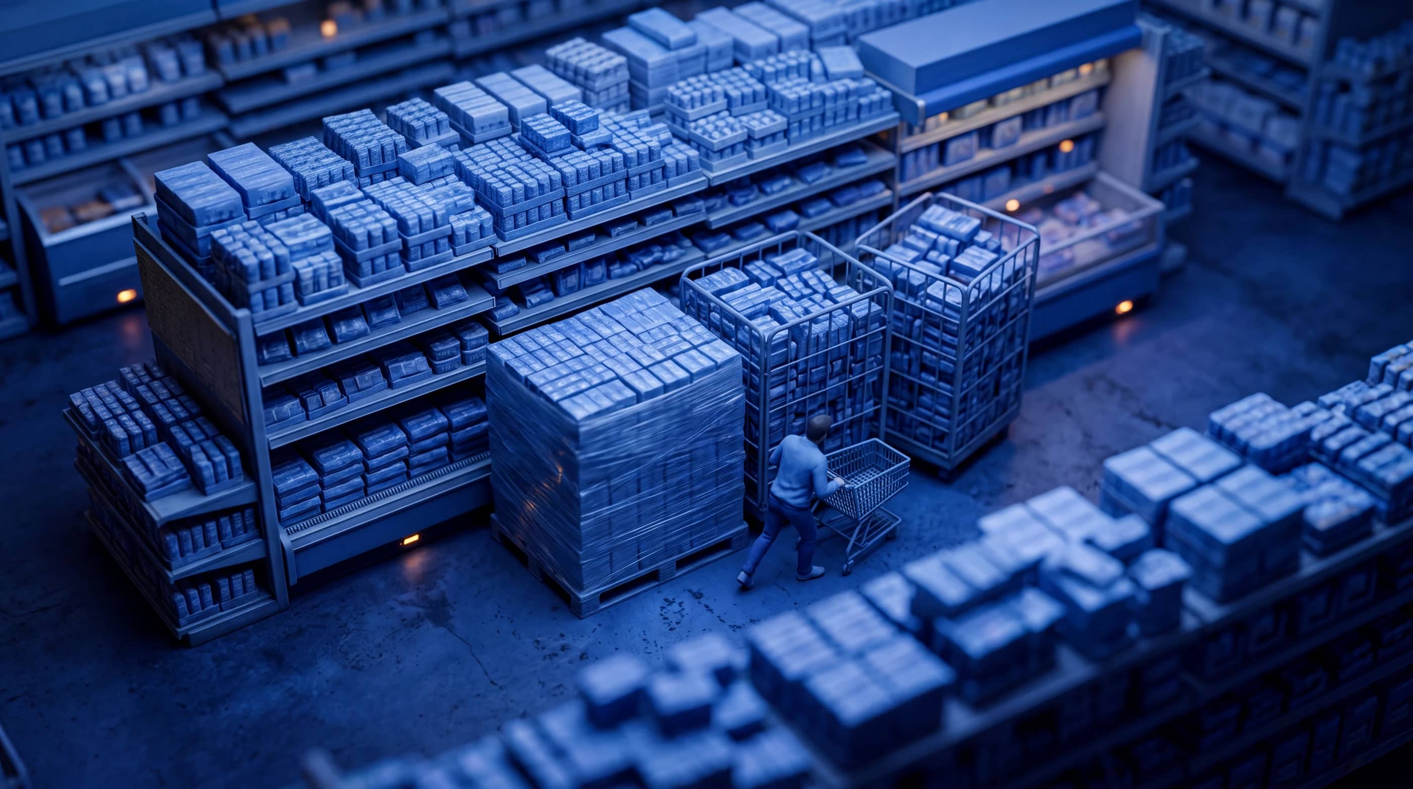 A bay crammed with far too much of one line, towers of the same case on the floor and a pallet of it blocking the aisle.
