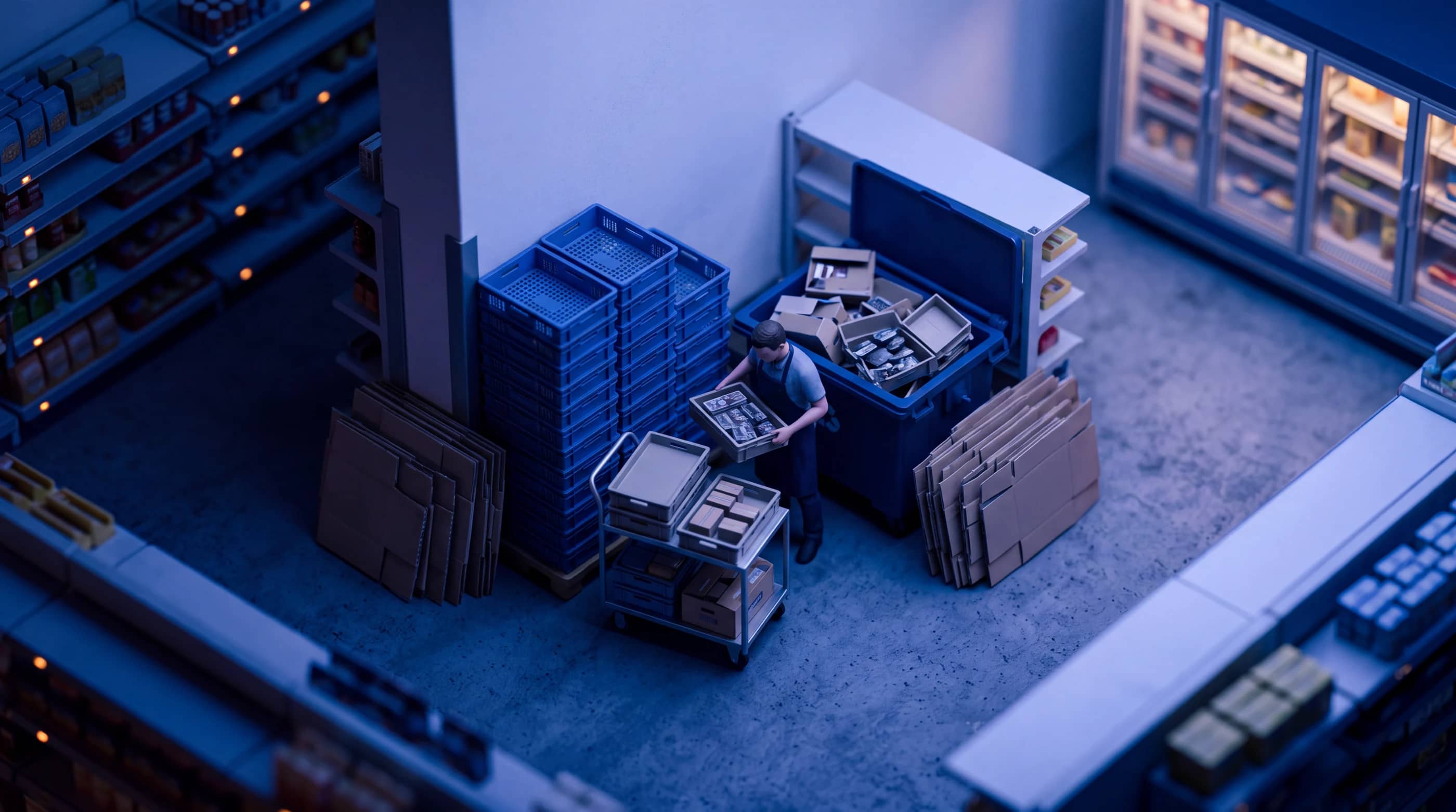 The back of the shop at the end of the day, unsold packaged food being tipped into a waste bin.