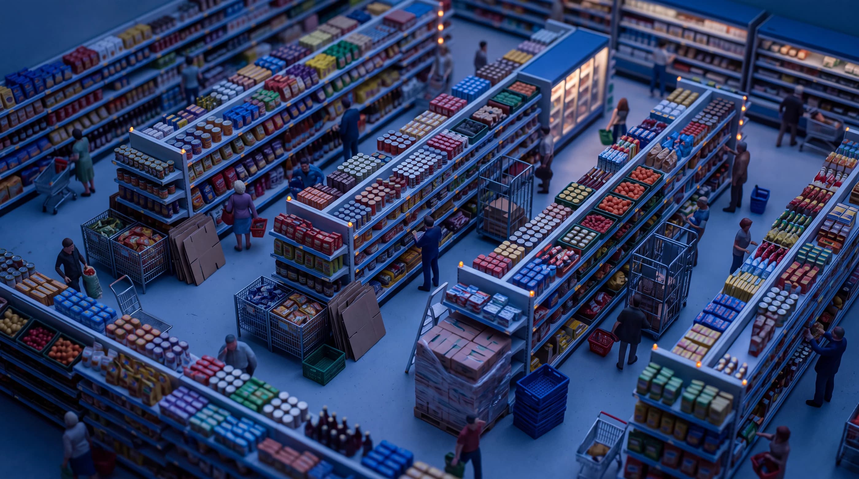 A whole supermarket seen from above as a tilt-shift model at dusk: aisles, chilled cabinets and a row of tills, lit blue with a few warm lights.