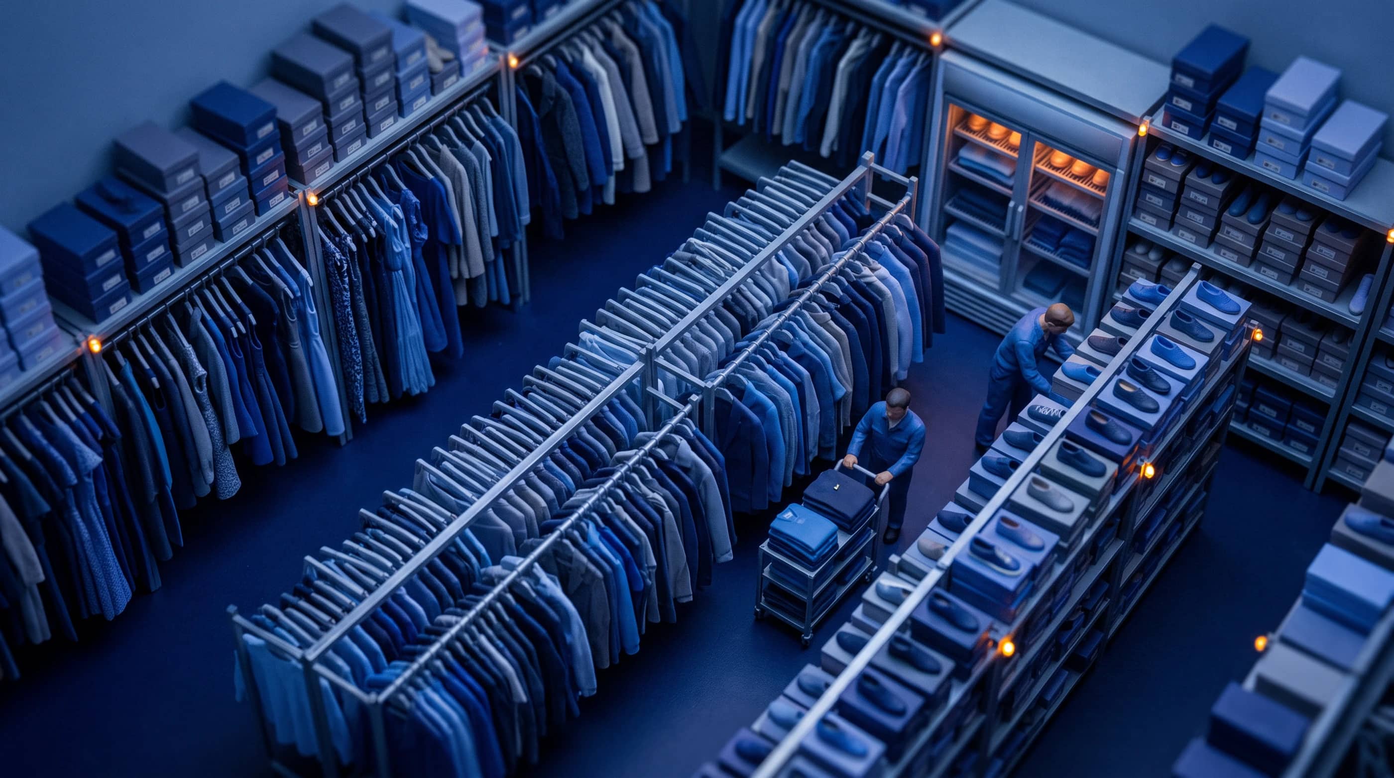 A apparel and footwear business, as a tilt-shift model at dusk