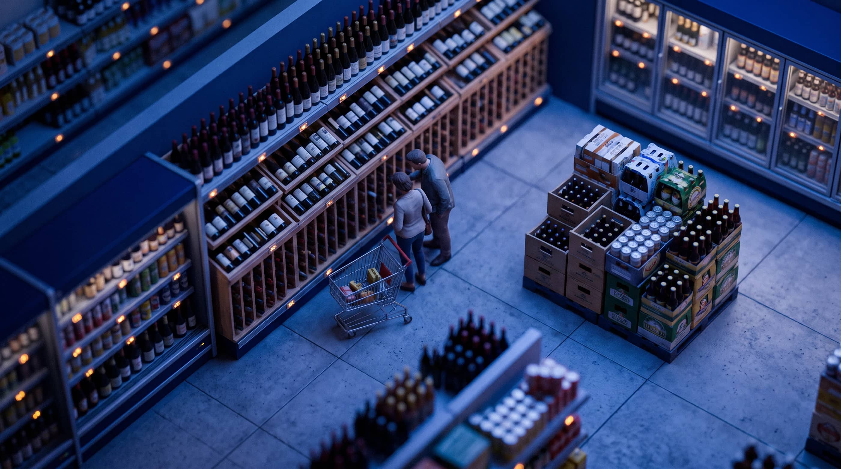 A beer and wine business, as a tilt-shift model at dusk