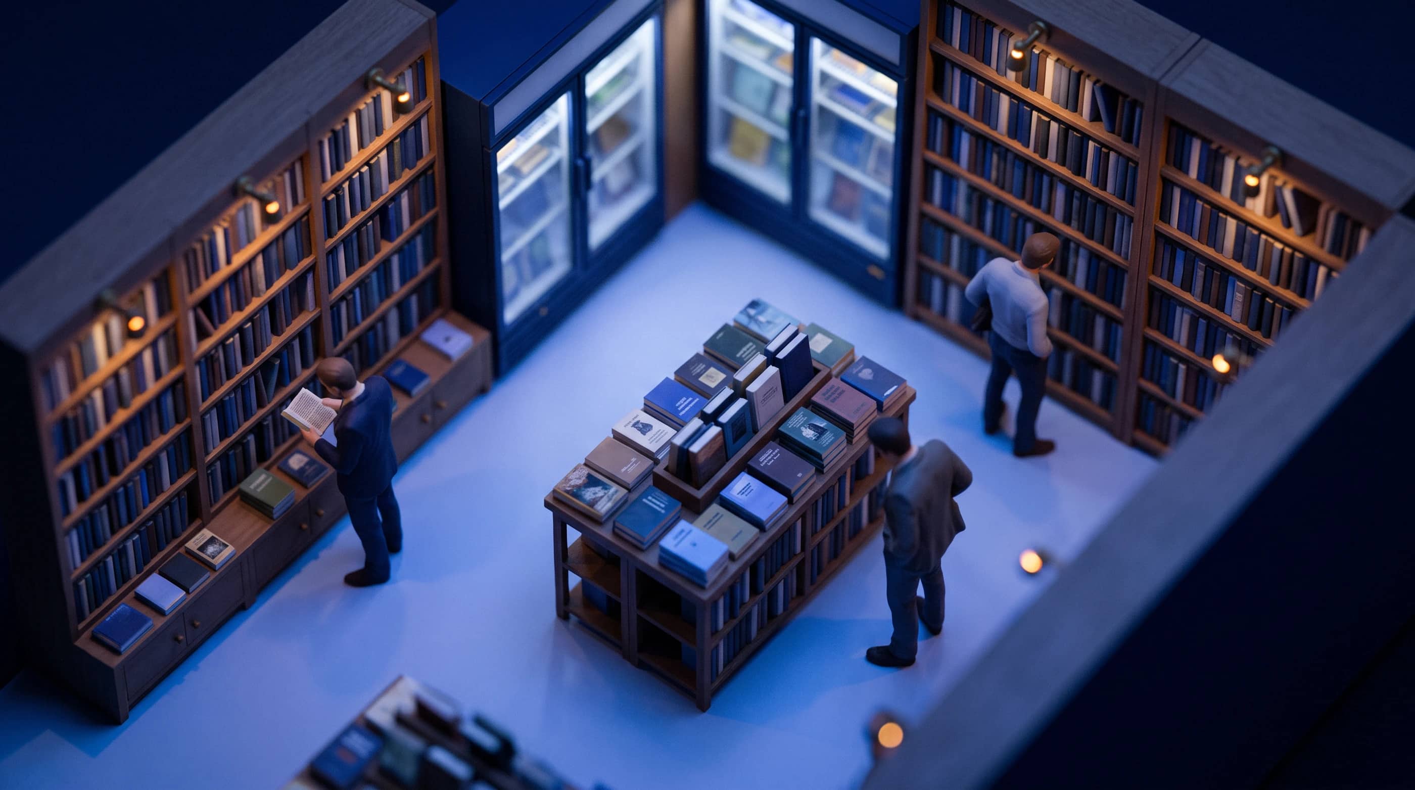 A books business, as a tilt-shift model at dusk