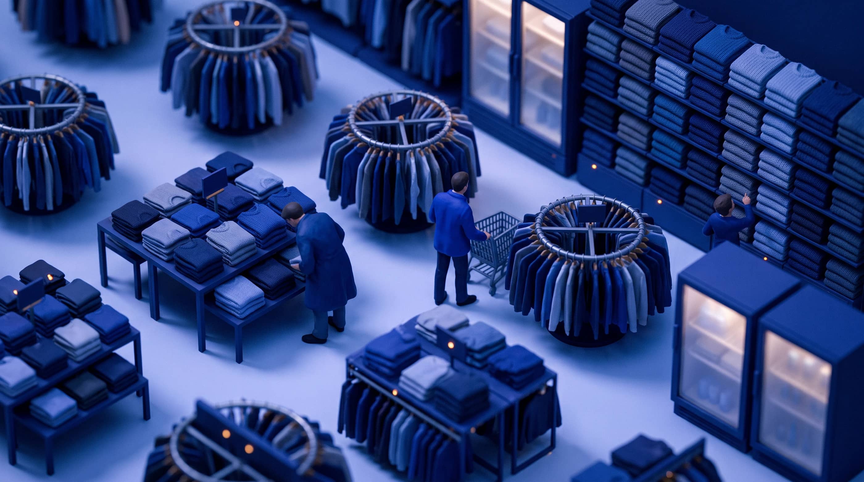 A clothing business, as a tilt-shift model at dusk