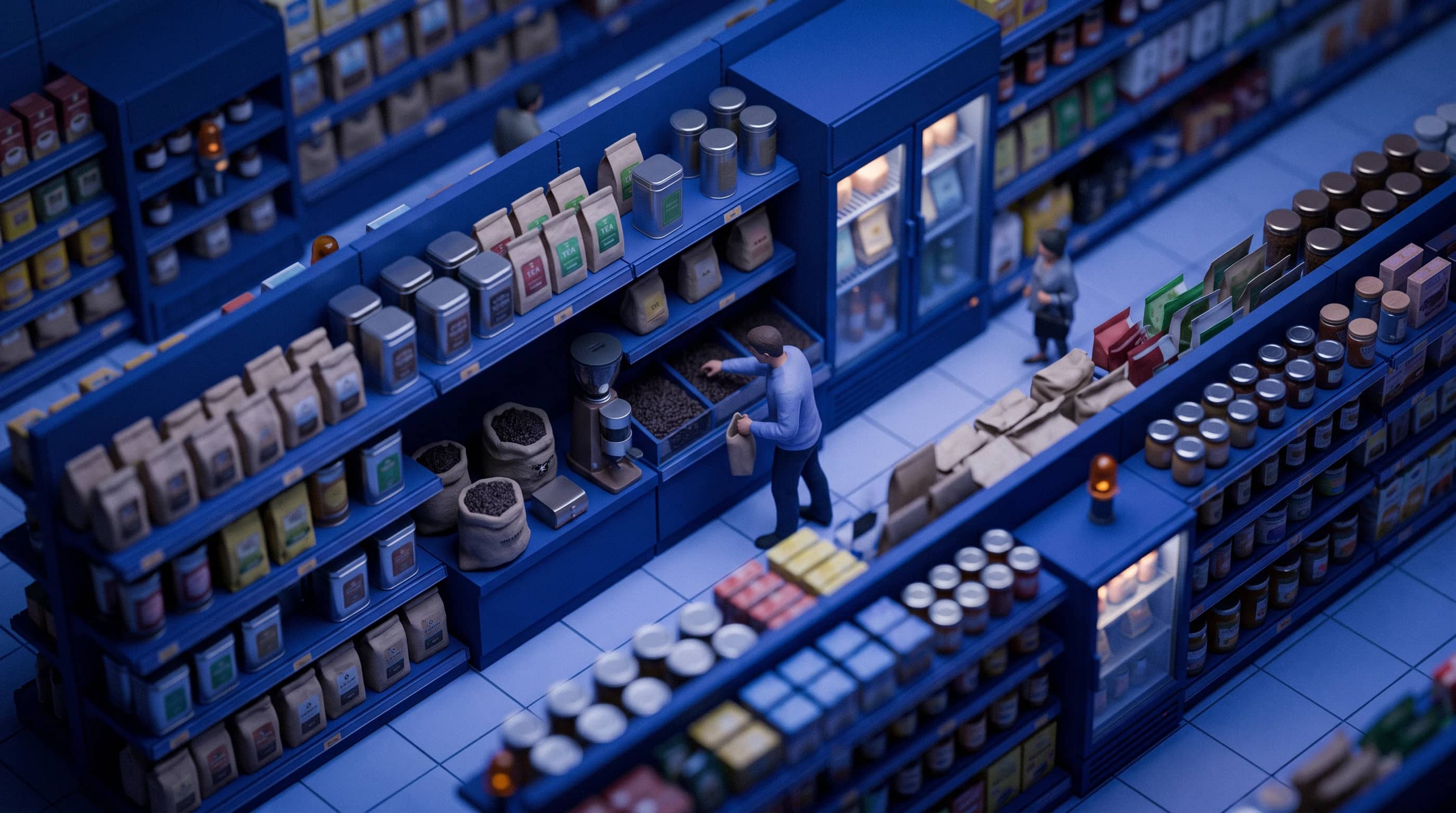A coffee and tea business, as a tilt-shift model at dusk