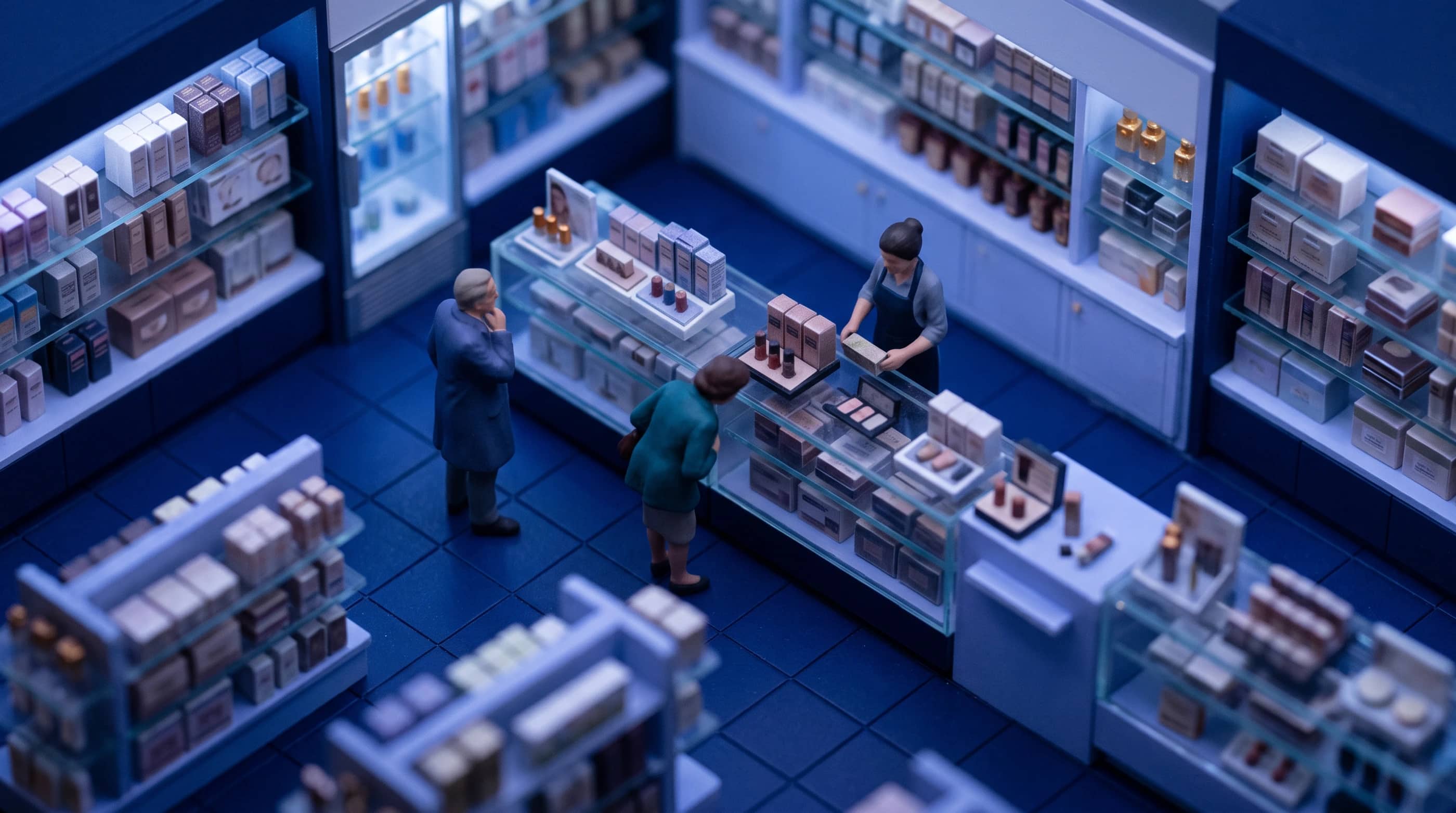 A cosmetics business, as a tilt-shift model at dusk