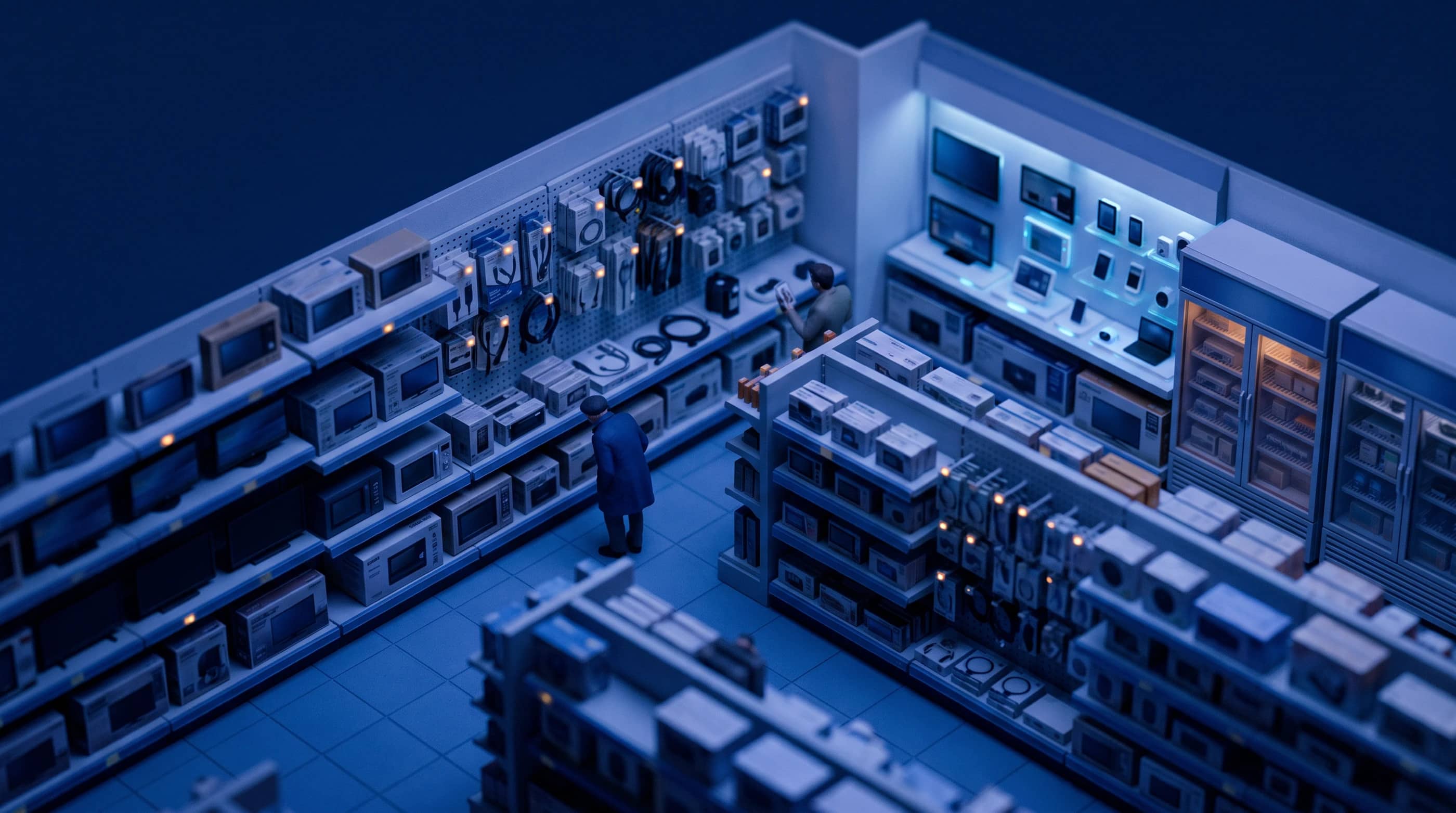 A electronics business, as a tilt-shift model at dusk