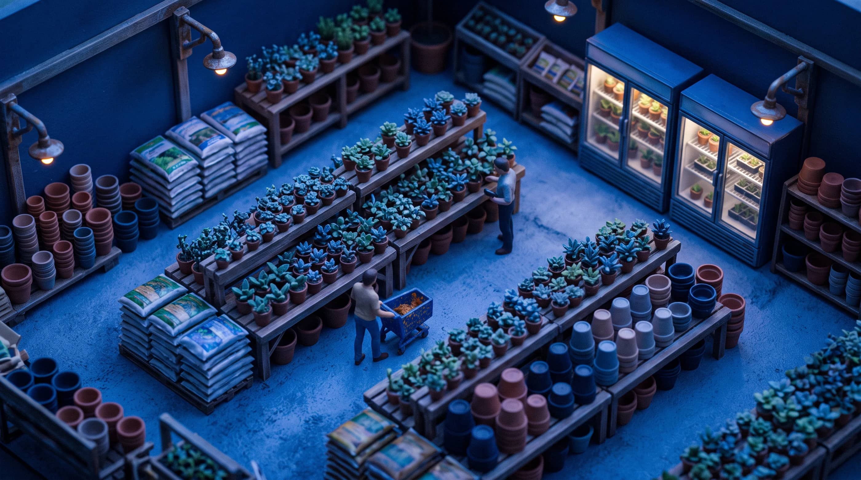 A garden centres business, as a tilt-shift model at dusk