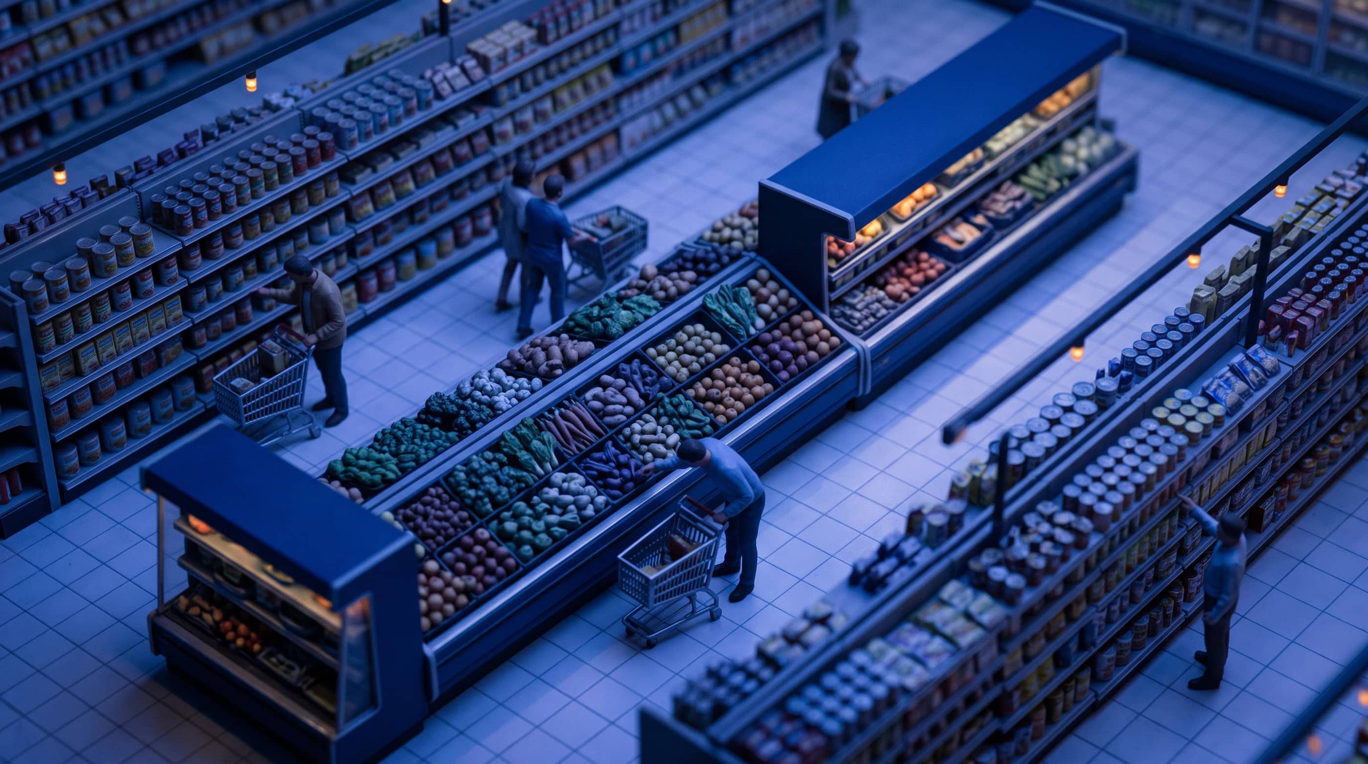 A food and grocery business, as a tilt-shift model at dusk