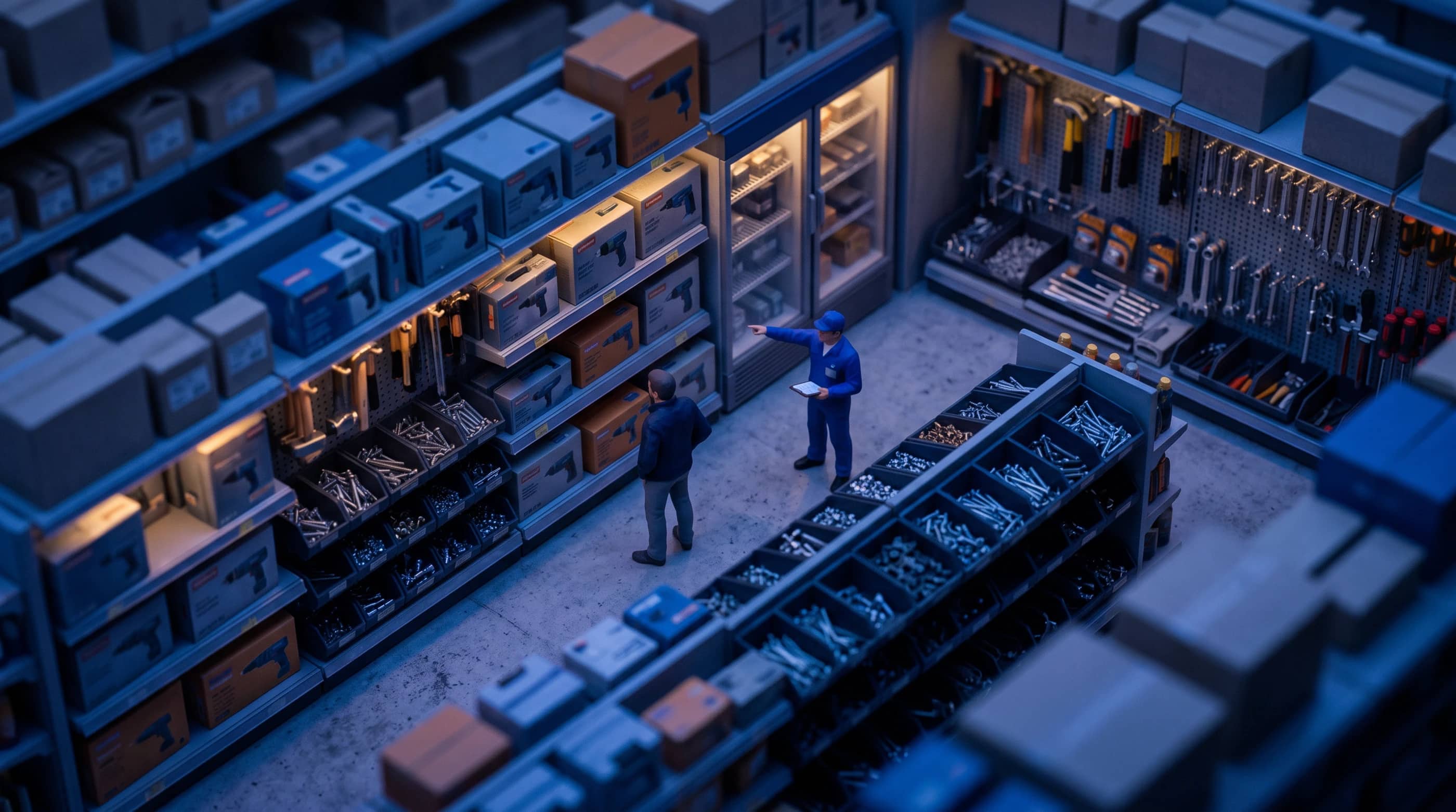 A hardware and tools business, as a tilt-shift model at dusk