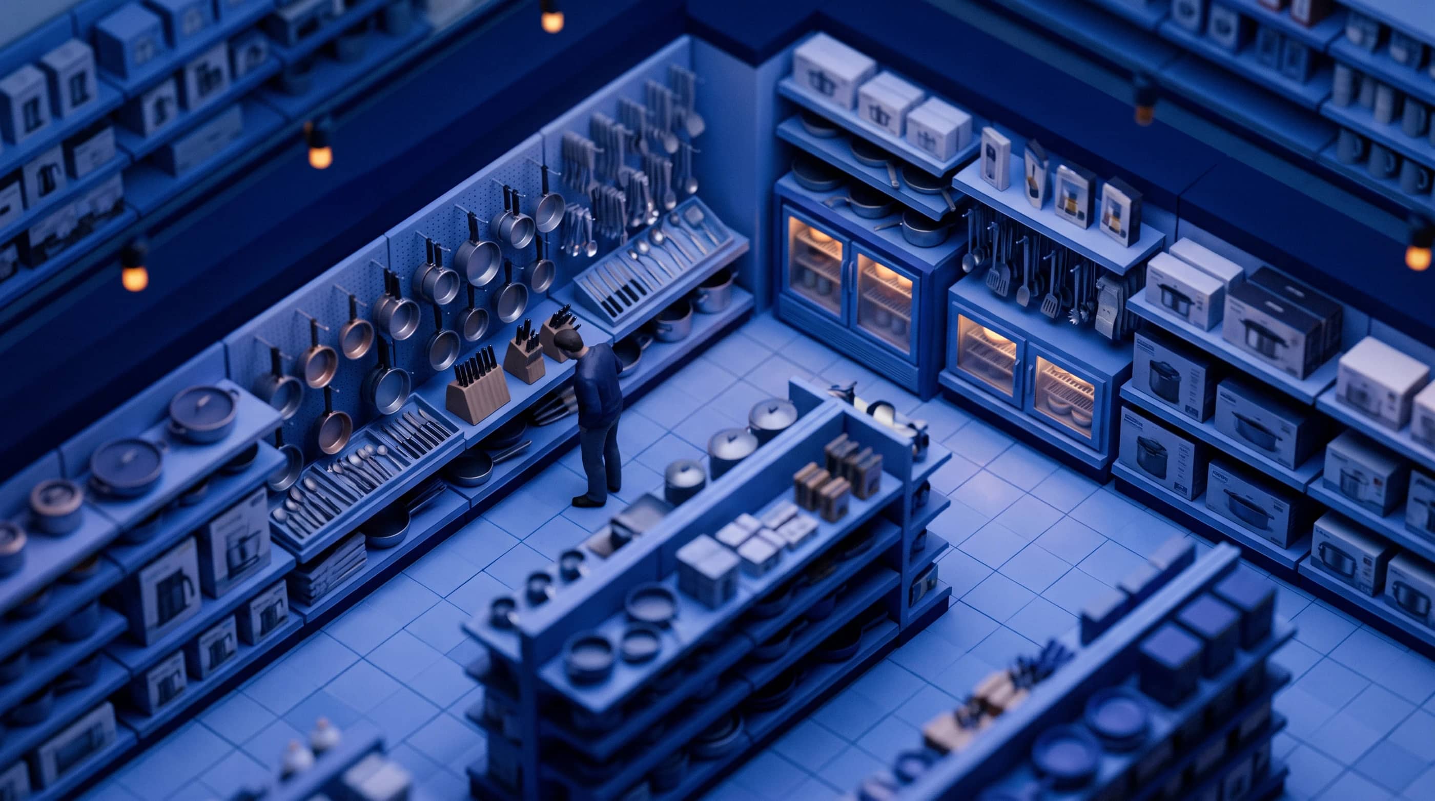 A kitchen utensils business, as a tilt-shift model at dusk