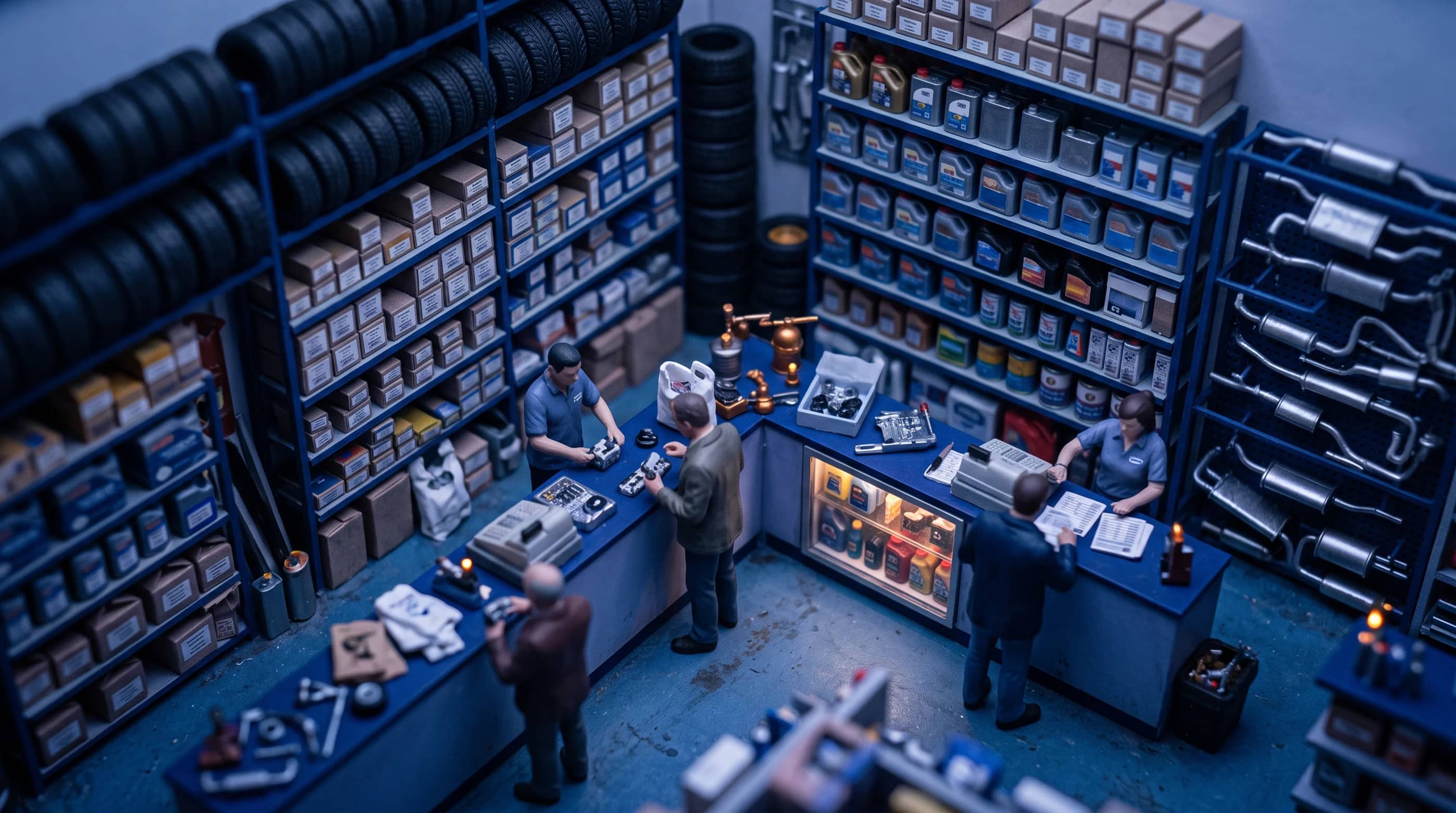 A motor factors business, as a tilt-shift model at dusk