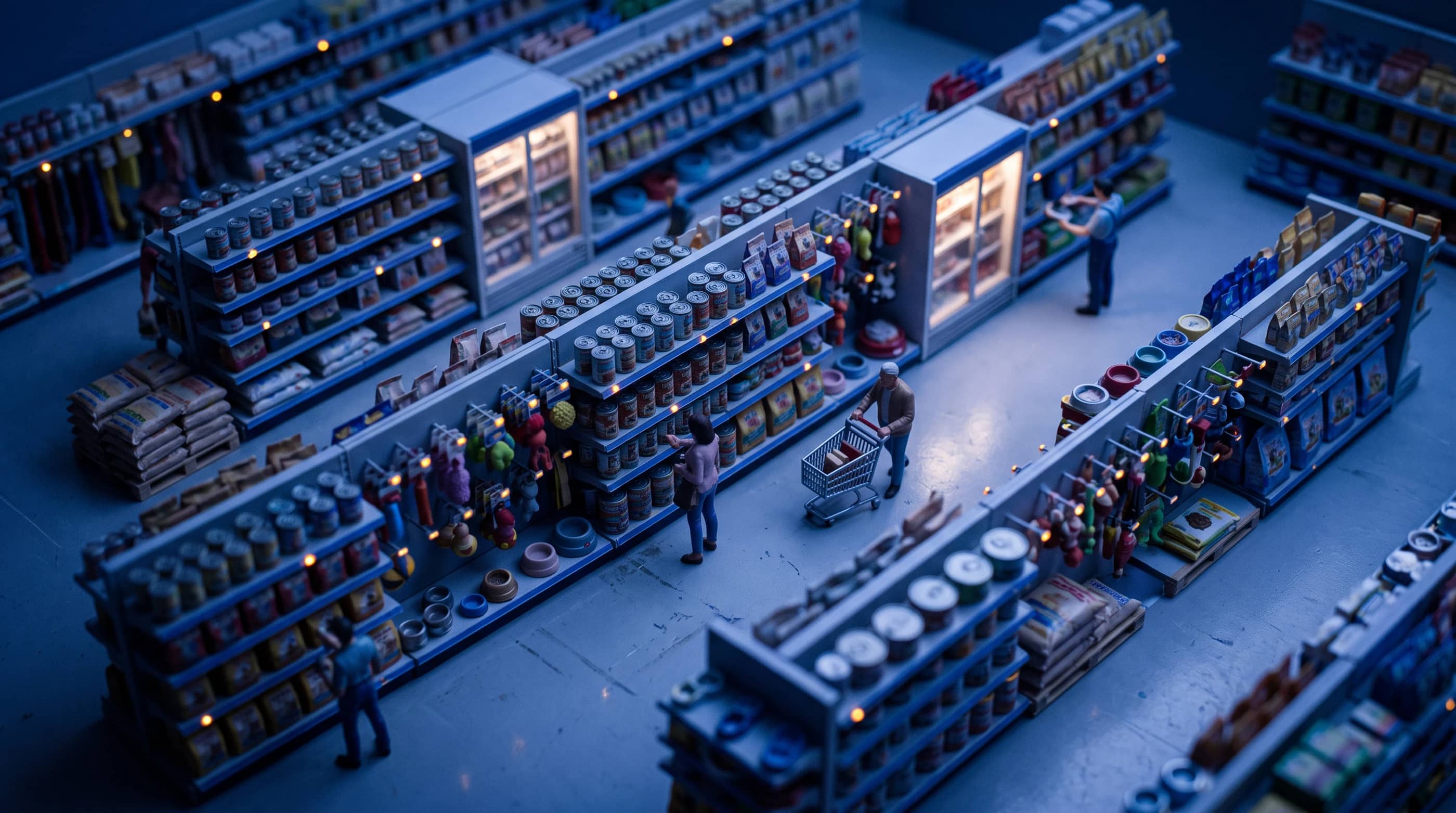 A pet supplies business, as a tilt-shift model at dusk