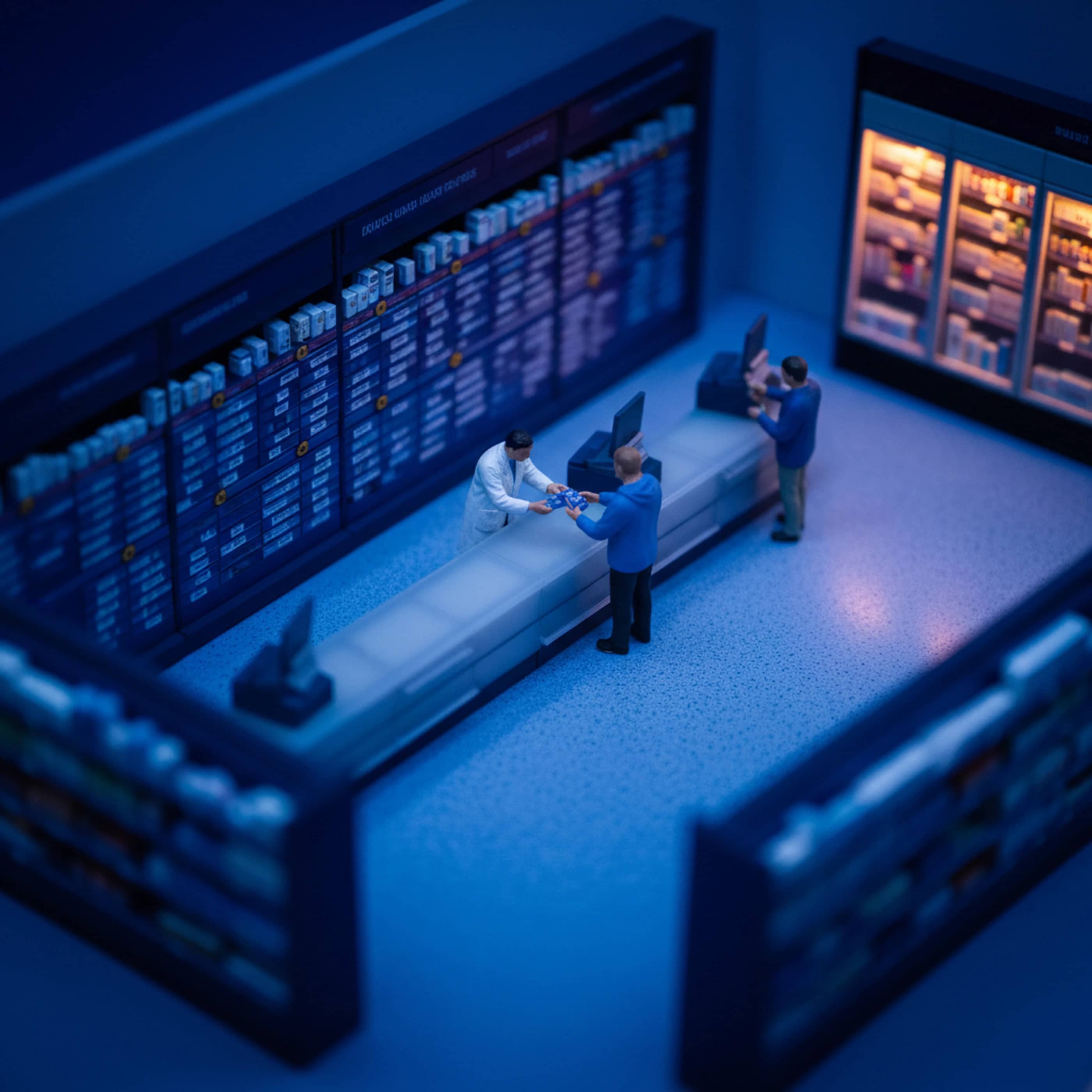 A pharmacy and health business, as a tilt-shift model at dusk