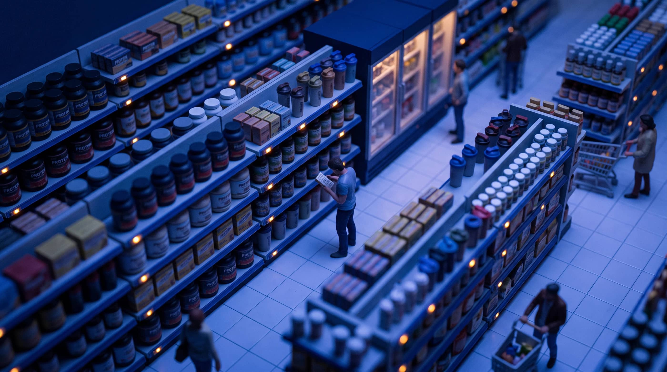 A protein and supplements business, as a tilt-shift model at dusk