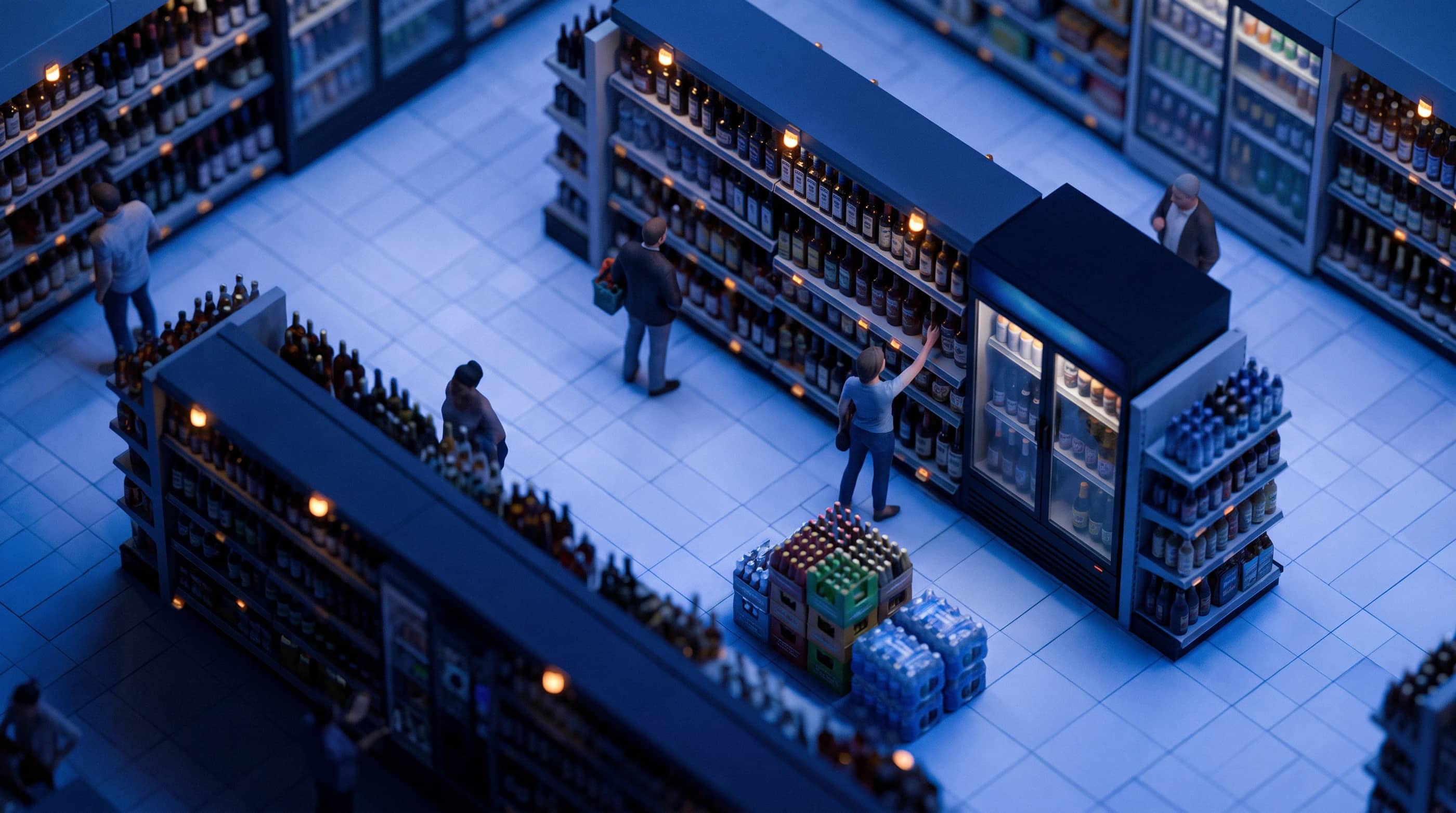 A cocktails, spirits and water business, as a tilt-shift model at dusk