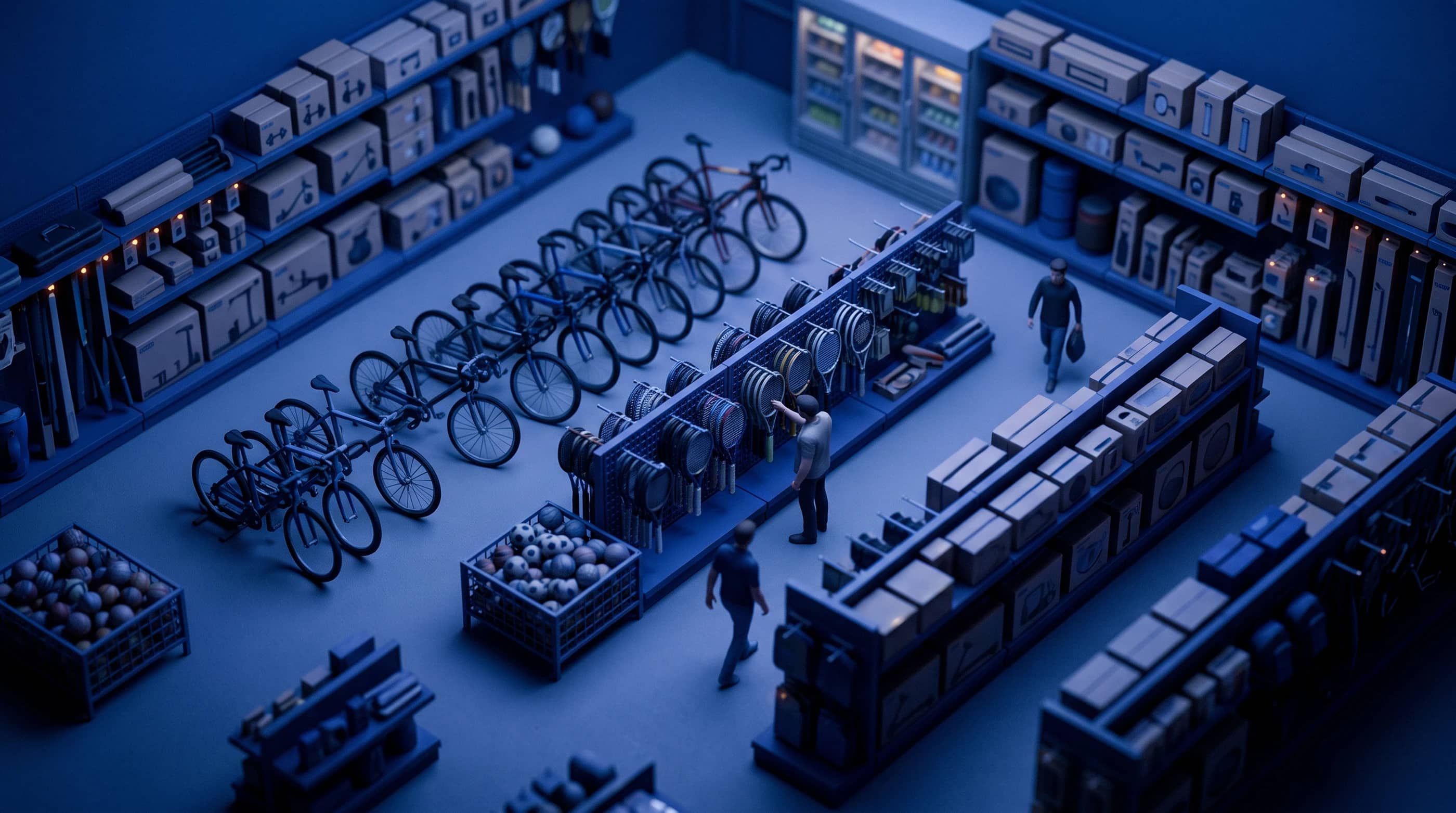 A sports equipment business, as a tilt-shift model at dusk