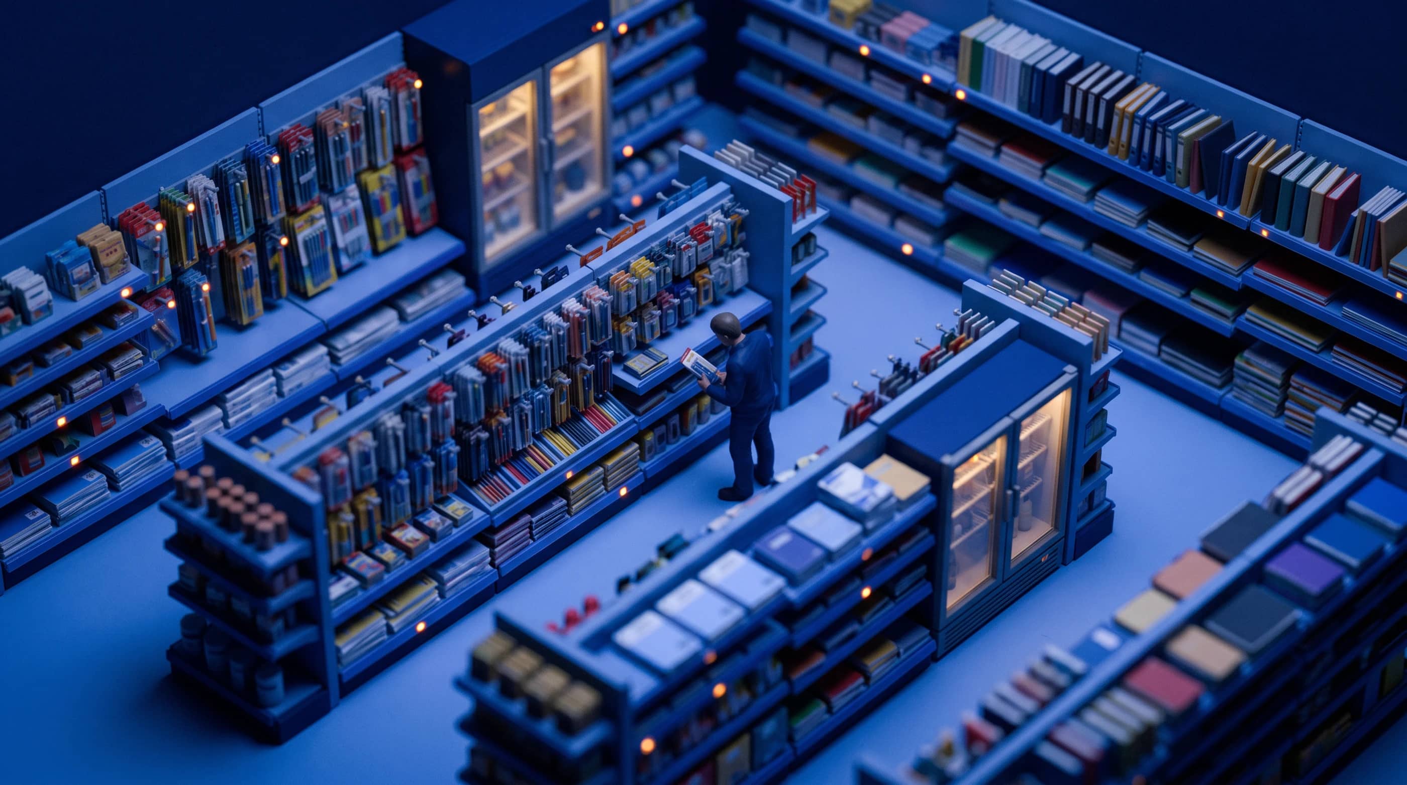 A stationery business, as a tilt-shift model at dusk