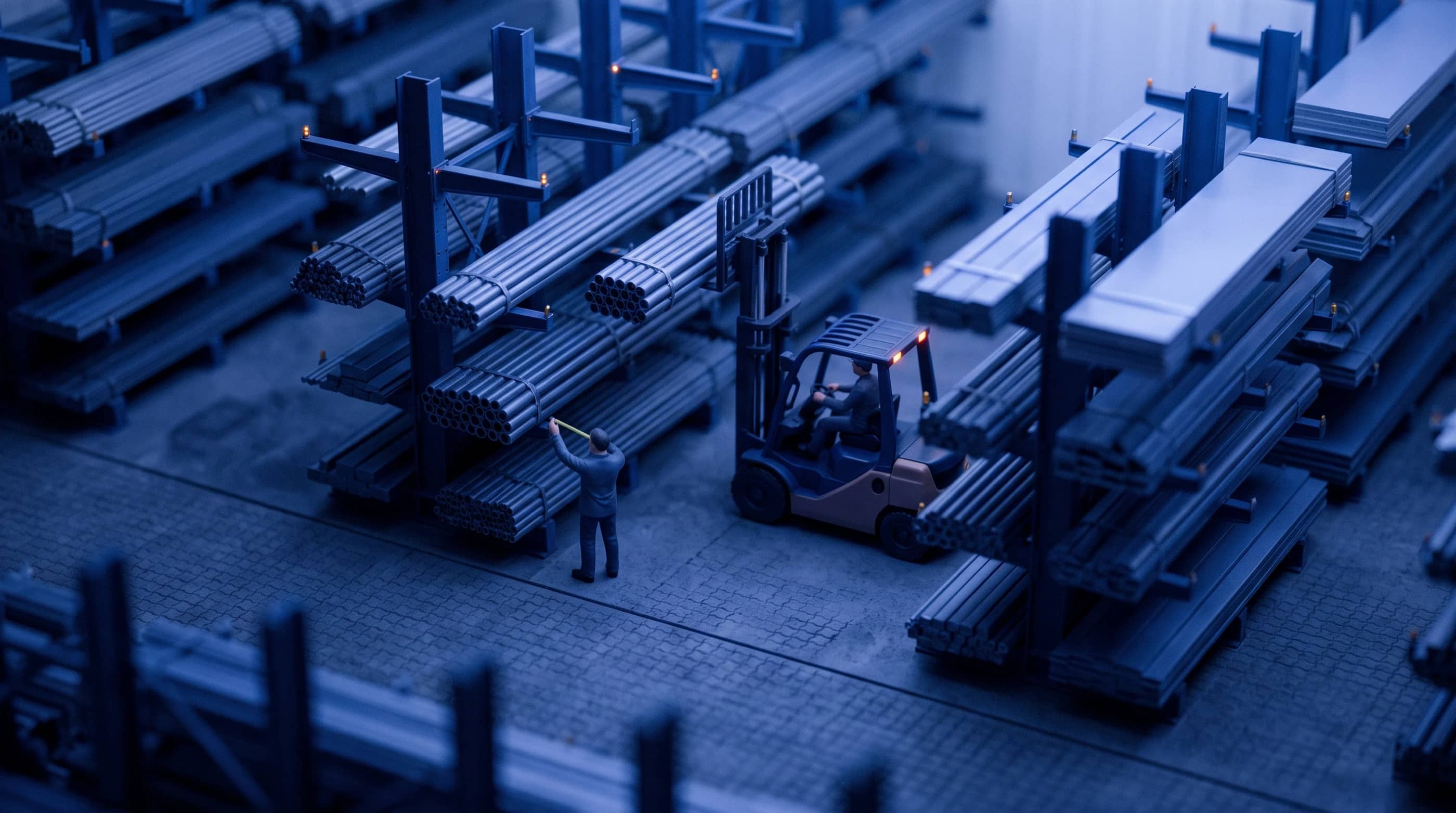 A steel and pipe business, as a tilt-shift model at dusk