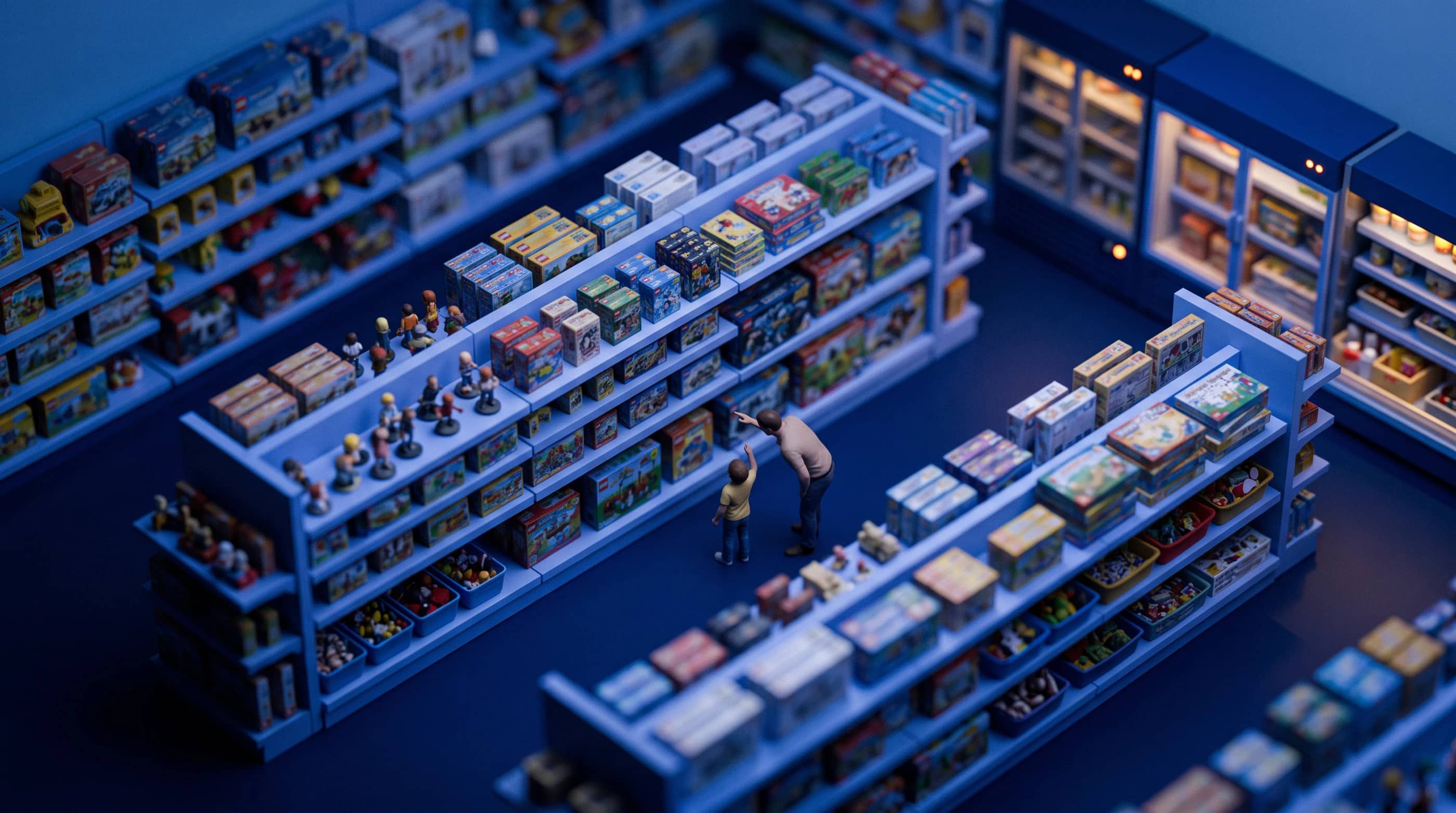 A toys and games business, as a tilt-shift model at dusk
