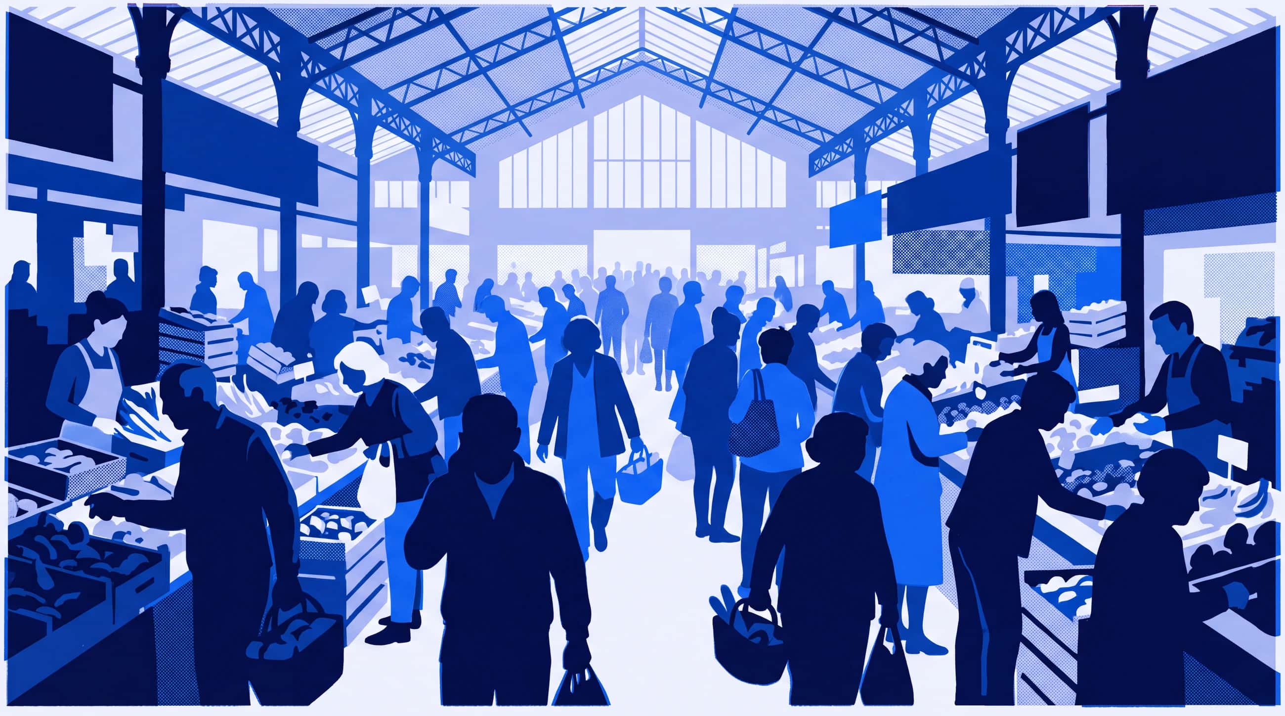 A covered market hall, shoppers moving between stalls