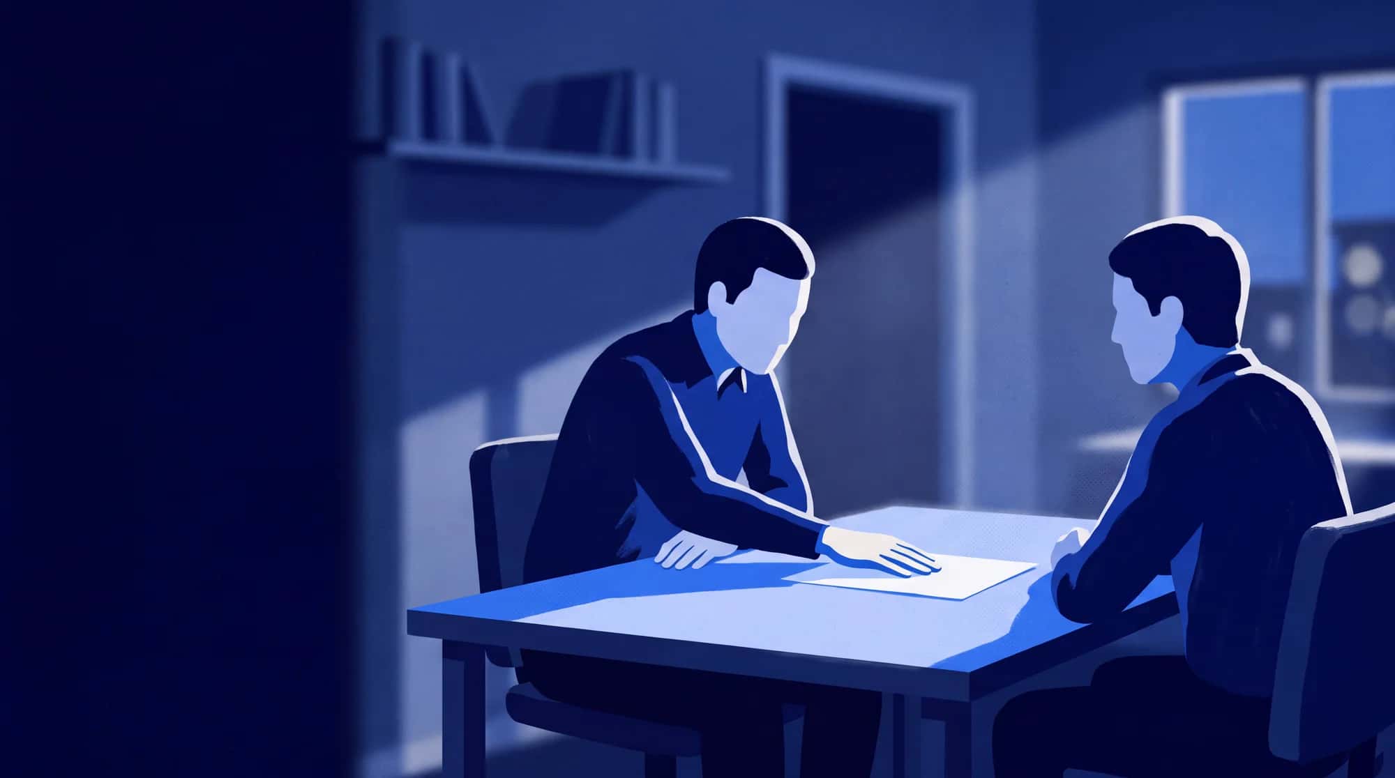 Two people at a table in a back office, a single sheet of paper between them